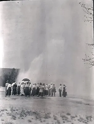 VINTAGE PHOTO NEGATIVE - Geyser Discharging Water / Steam - People W/ Umbrellas • $25