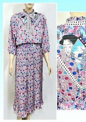 Vintage Diane Freis Georgette Geisha Ascot Polka Dot Midi Dress L M/L • $148