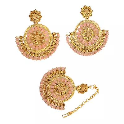 New Pink Bridal Maang Tikka Earrings Set Pearl Kundan Gold Tone Indian Jewelry • $22.47