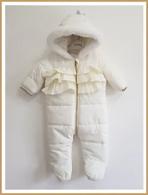 Baby Girls Ivory Hooded Snowsuit Frill Detail Padded Winter All In One 0-3m NEW • £14.99