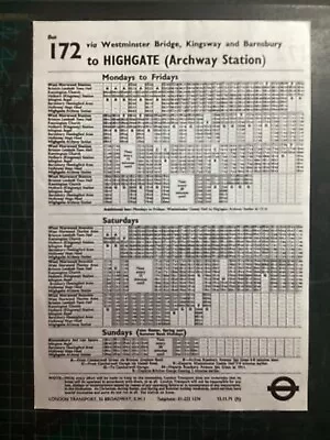 London Transport Bus Stop Panel Timetable-route 172 • £0.99