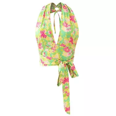 Women Sleeveless Halter Floral Crop Top V-Neck Backless Tie Knot Camis Vest • £13.90