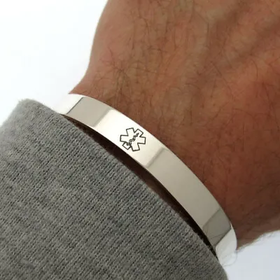 Sterling Silver Medical ID Cuff Mens Medical Alert Bracelet Personalized Band • $59