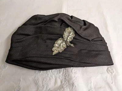 Vtg. Black Cloth Pleated Design Turban Style Hat W/sequin Design. • $45