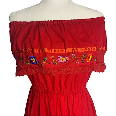 Embroidered Mexican Off The Shoulder Dress XS Red Crochet Elastic Waist Fiesta • $17.46