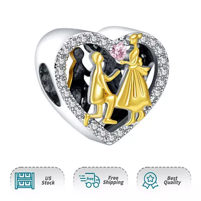 Propose Marriage Heart Two Tone Charm Women 925 Sterling Silver Bracelet Charms • $19.98