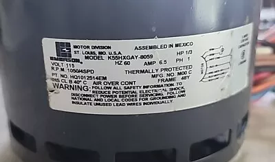 EMERSON K55HXGAY-8059 Blower Motor 1/3HP 115V 1050RPM 4SPD 60Hz 1PH 6.5A 3b=13 • $40