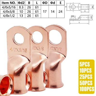 Bare Copper Cable Wire Lugs Ring Terminals 8-4/0 AWG Battery Wire Welding Cable • $217.81