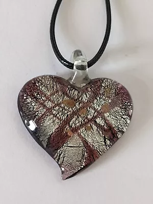 Murano Silver Foil Criss Cross Glass Heart Pendant On Black Thong Necklace F42 • £5.50