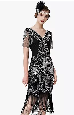 Women Dress SZ Xsmall Black V Neck Beaded Fringed 1920s Great Gatsby Party • $14.99