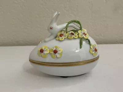 Herend Hungary Hand Painted Egg Form Bunny Rabbit Flowers Trinket Box • $145