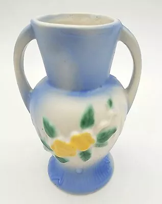 Vintage Morton Small 5.25  Blue Floral Pottery Vase Yellow Flowers - SMALL CHIP • $7.99