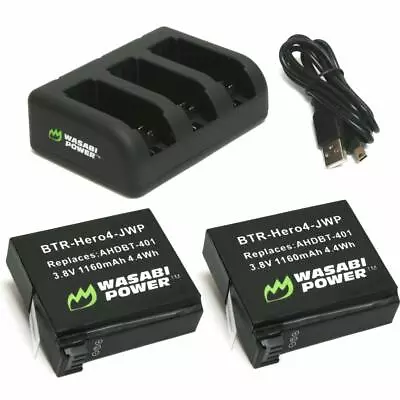 Wasabi Power HERO4 Battery (x2) And USB Triple Charger For GoPro AHDBT-401Hero4 • $50.95