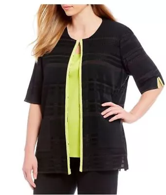 Ming Wang Black Pear Green Textured Contrast Trim Knit Plus Size Jacket 1X 2X • $129