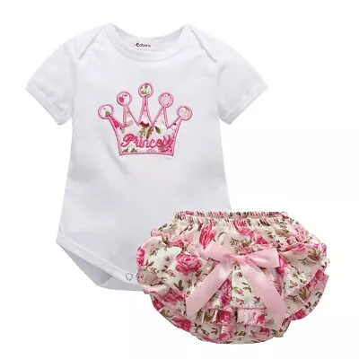 0-18M Baby Girls Printed Short Sleeve Tops Romper Jumpsuit Bodysuit+Pants Set UK • £7.35