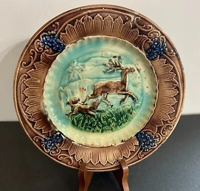 Antique Majolica Plate Decorated W/ Pointer Dog Chasing Deer 8 INCH • $65