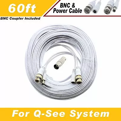 WHITE PREMIUM 60Ft CCTV SURVEILLANCE BNC EXTENSION CABLES FOR Q-SEE SYSTEMS • $18.99