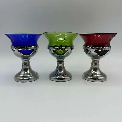 Farber Bros Krome Kraft Sherry Glasses With Colored Glass Bowls Set Of 3 • $37.50