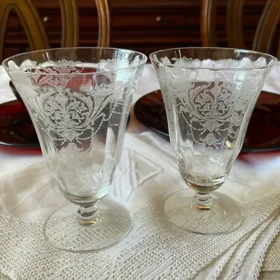 Morgantown Milan Depression Era Etched Crystal Footed Ice Tea Glasses Tumblers • $31.20