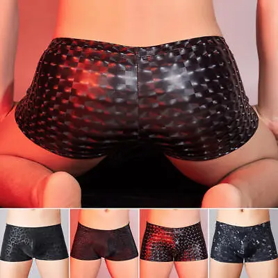 Mens Low Rise Leather-Look Shiny Boxer Briefs Underwear Trunks Sexy Pouch Shorts • £8.39