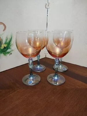 4 Vintage Bohemia Crystal  Wine Glass Stemware Rose Fade Bowl Blue Stem 8 Oz. • $39