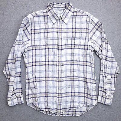 Brooks Brothers Linen Button Down Shirt Medium Regent Fit White Plaid Mens • $24.98
