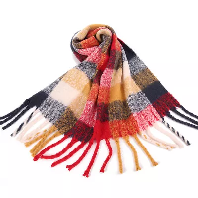 Women Plaid Scarf Neck Warm Large Tartan Checks Wrap Stole Tassel Cashmere Shawl • £12.99