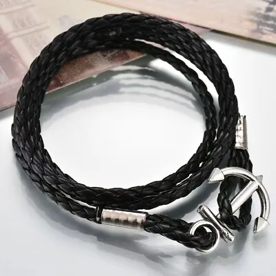 Adjustable Leather Rope Nautical Anchor Bracelet Bangle Cuff Wristband Wrap Men • $9.99