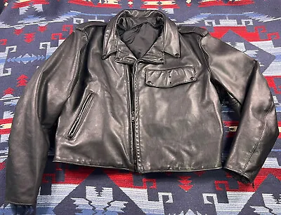 MENS VTG BLACK LEATHER POLICE MOTORCYCLE JACKET SZ 48 Highway Patrol USA Made! • $249.99