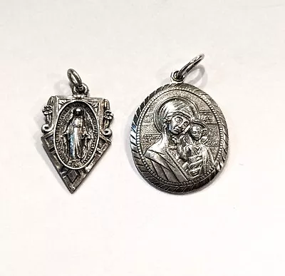 Rare Vintage Lot Pair Virgin Mary Deco & Mother Of God Orthodox Sterling Medals • $19.99