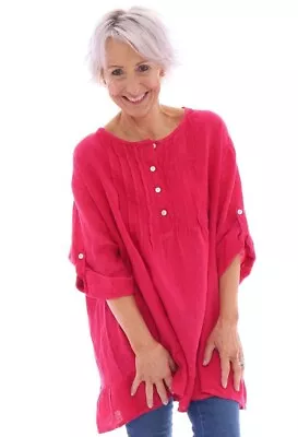 Made In Italy Lagenlook Kit And Kaboodal Dawsmere Linen Top In Raspberry.  OSFA. • £16