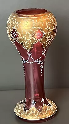 Antique Bohemian Moser Cranberry Glass Vase Moorish Jeweled Enamel Gold Gilt • $99.80