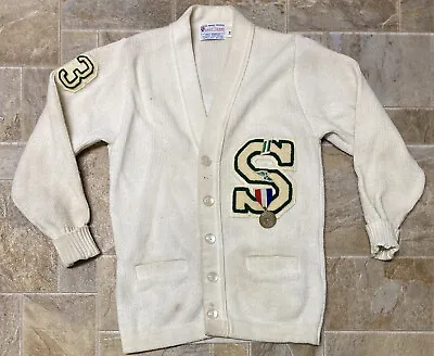 Vintage Official Award Sweater By East-Tenn Cardigan Letterman Ivory Acrylic 34 • $35.14