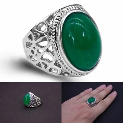 Mens Silver Natural Real Green Jade Stone Ring For Men Size 7 To11 Accessory New • £18.83