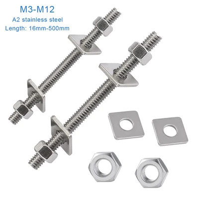 £3.71 • Buy M3-M12 Fully Threaded Bar A2 Stainless Rod Studding Stud+Square Washers/Hex Nuts