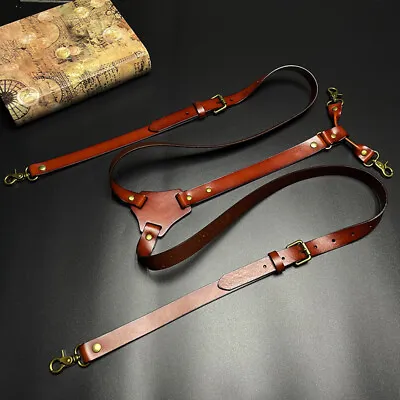Vintage Brown Leather H Back Suspenders Belts 4 Brass Hooks For Men Male Work • $26.99