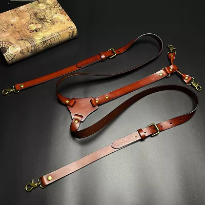 Vintage Brown Leather Y Back Suspenders Belts 4 Brass Hooks + Replaceable Clip • $28.21