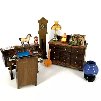 Vtg Dollhouse Miniature Furniture Office Desk Bar Set Lamp Grandfather Clock LOT • $35