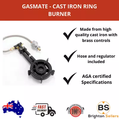 Gasmate 2-RING OUTDOOR STOVE BURNER+1200mm Hose & Regulator Cast Iron*AUS Brand • $92.32