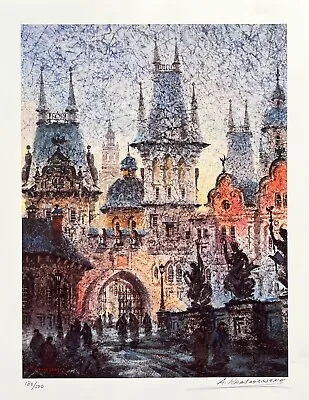 Anatole Krasnyansky TOWER OF KING KARL'S BRIDGE Hand Signed Lithograph Art • $59.99