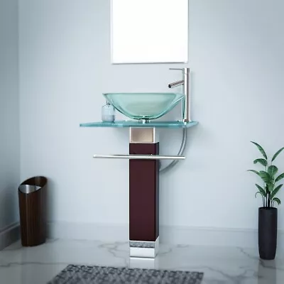 Rectangle Glass/Wood Bathroom Pedestal Sink With Chrome Faucet Drain Towel Bar • $299.99