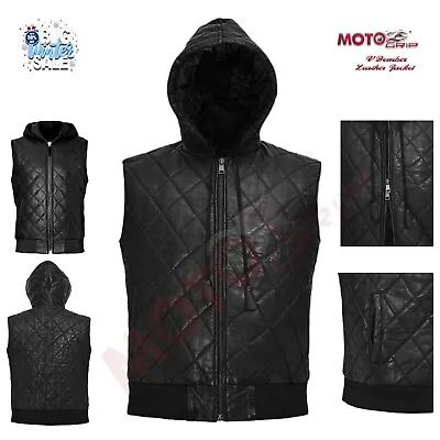 MG Real Lambskin Black Leather  Men's Leather Vest Quilted Hooded Vest XS-6XL • $55