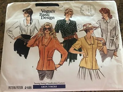 🌸 Vogue Basic Design #2105 - Ladies Beautiful (5 Style) Blouse Pattern 6-10 Ff • $11.39