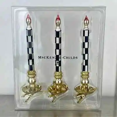 Mackenzie-Childs Courtly Check Glass Candle Clips Christmas Ornaments Set Of 3 • $60