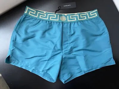 NWT Versace Mens Greca Border Swim Trunks Shorts Teal Blue Green Size 6 Large • $189.99