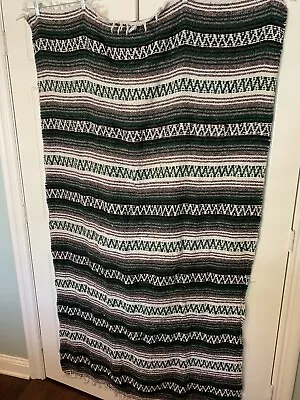 Vintage Green Striped Serape Mexican Saltillo Fringe Southwest Blanket 42 X70  • $19.95