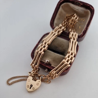 £555 • Buy Vintage 9ct Yellow Gold Semi Rose Gold 3 Bar Gate Bracelet Fancy Link 9k 375