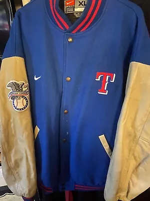 Rare Vintage Texas Rangers MLB Leather Wool Nike Varsity Lettermen Jacket XL • $275