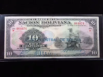 BOLIVIA 10 Bolivianos 1911 1929 P114 Banco Nacion Central Overprint 4074# Money • $19.90