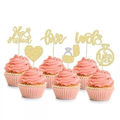 24Pcs He Asked She Said Yes Cupcake Toppers Gold Glitter Love I Do Cake A Gold • $14.45